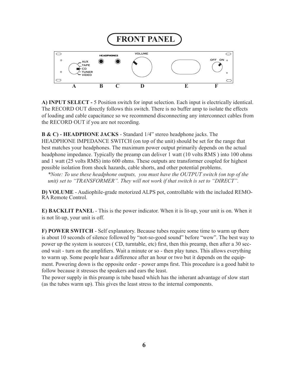 Front panel | Manley Neo-Classic 300B RC Preamplifier 2008 - present User Manual | Page 6 / 14