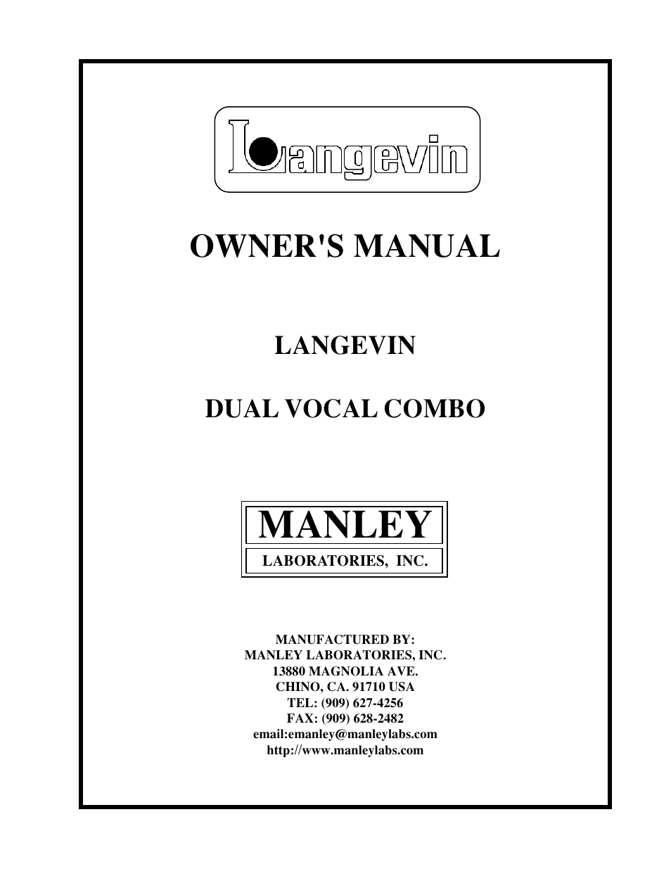 Manley Labs Langevin Dual Vocal Combo User Manual | 20 pages