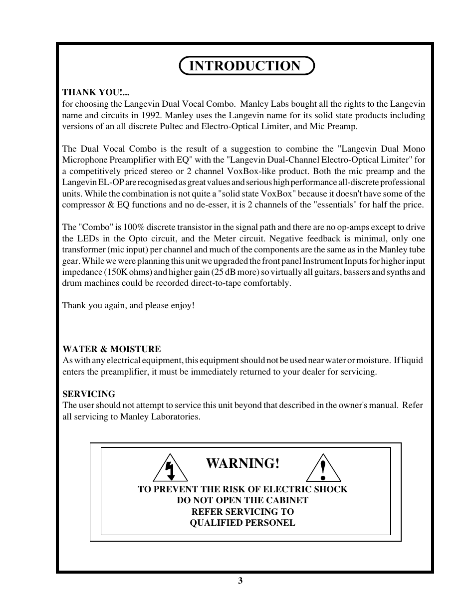 Introduction, Warning | Manley Labs Langevin Dual Vocal Combo User Manual | Page 3 / 20