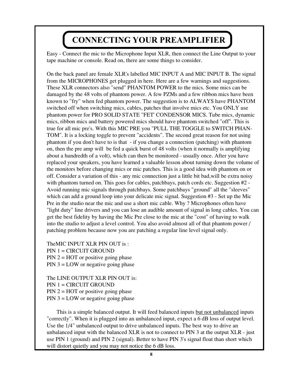 Connecting your preamplifier | Manley Labs Langevin Dual Vocal Combo User Manual | Page 8 / 20