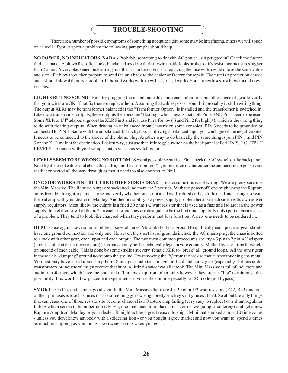 Trouble-shooting 26 | Manley Labs STEREO EQ User Manual | Page 27 / 34