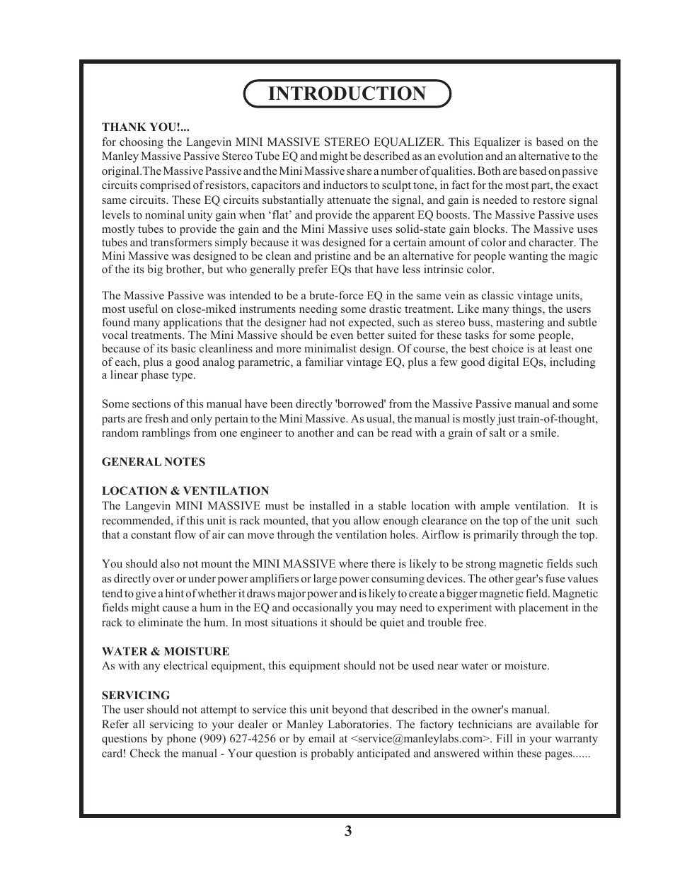 Introduction | Manley Labs STEREO EQ User Manual | Page 3 / 34