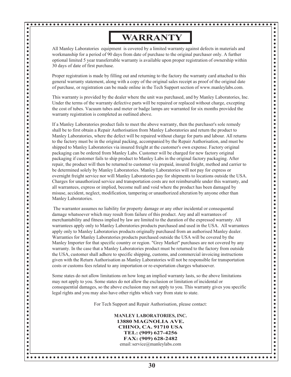 Warranty | Manley Labs STEREO EQ User Manual | Page 31 / 34