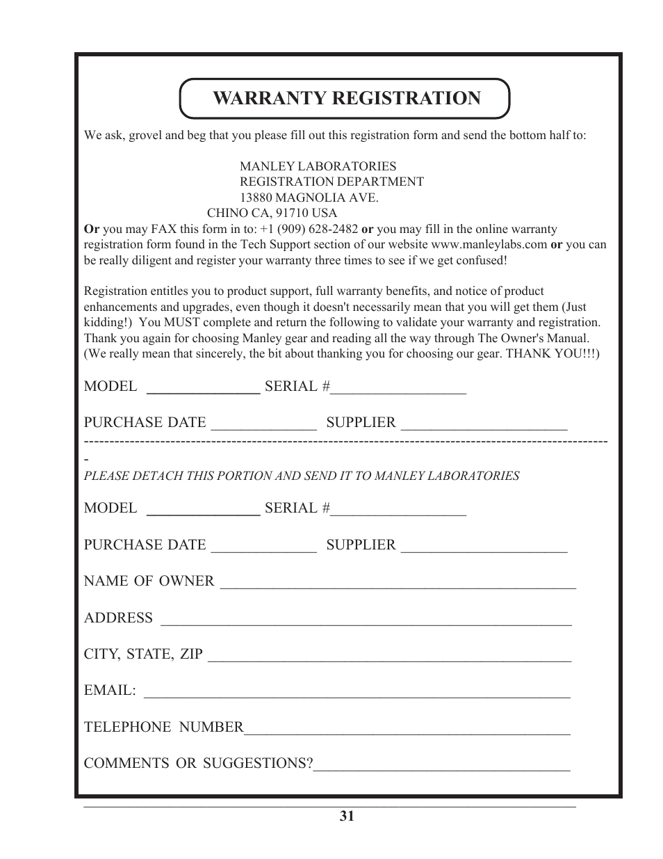Warranty registration | Manley Labs STEREO EQ User Manual | Page 32 / 34
