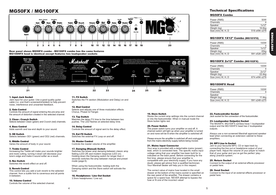 Technical specifications | Marshall Amplification MG30FX User Manual | Page 4 / 7