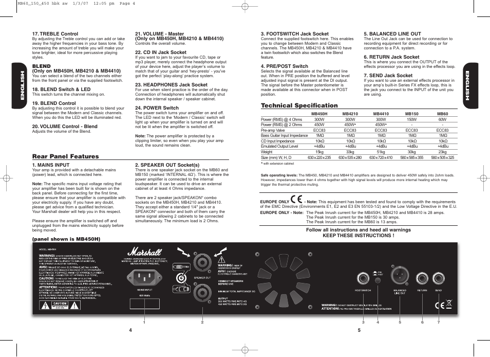 Rear panel features, Technical specification | Marshall Amplification MB4410 User Manual | Page 4 / 5