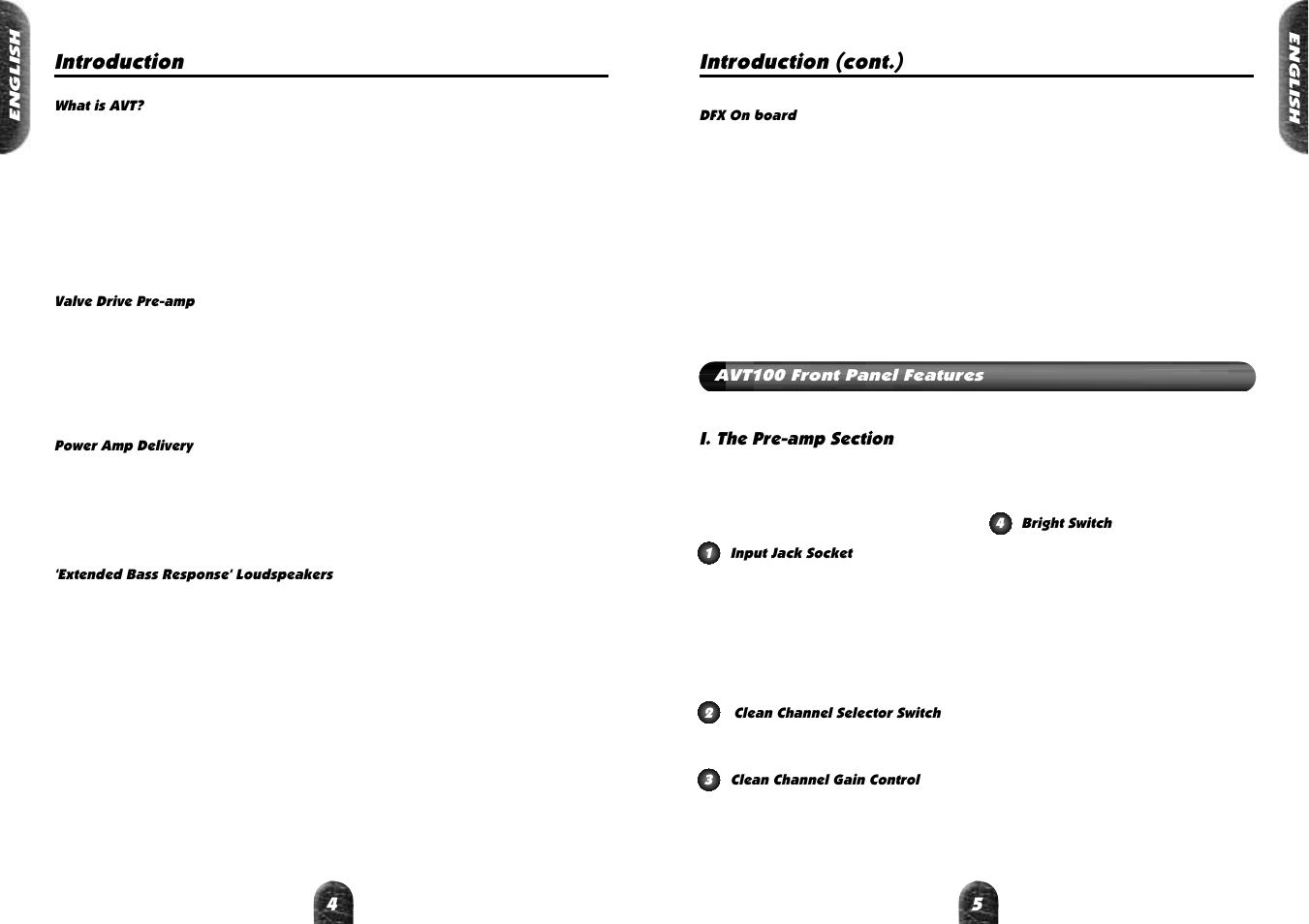 Front panel features, Introduction, Introduction (cont.) | Marshall Amplification VALVESTTE AVT100 User Manual | Page 4 / 8