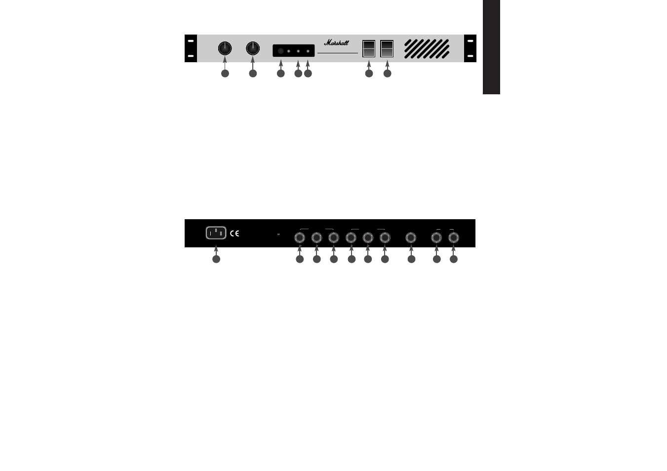 English, Mains input, Left outputs 2. 16 ohm jack | 8 ohm jack, Line, Right outputs 5. 16 ohm jack, Loading points, Remote switching 8. deep, Inputs 9. left, Right (mono) | Marshall Amplification EL84 20/20 User Manual | Page 4 / 6