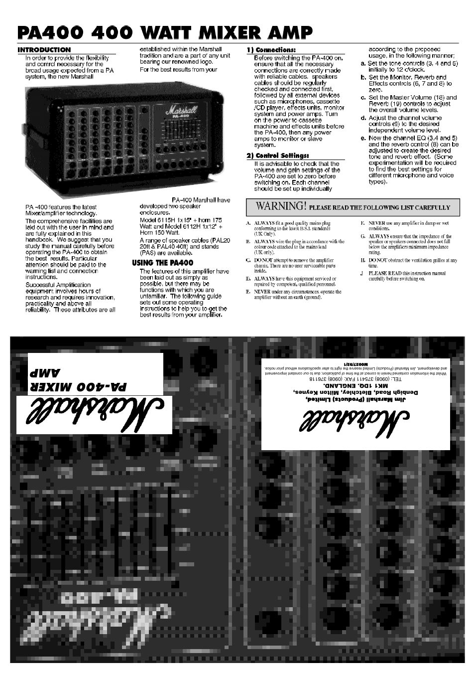 Marshall Amplification PA400 User Manual | 3 pages