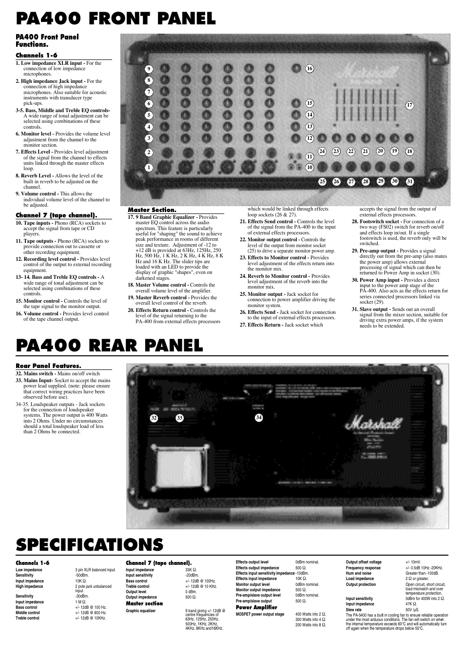 Specifications, Pa400 front panel functions | Marshall Amplification PA400 User Manual | Page 3 / 3