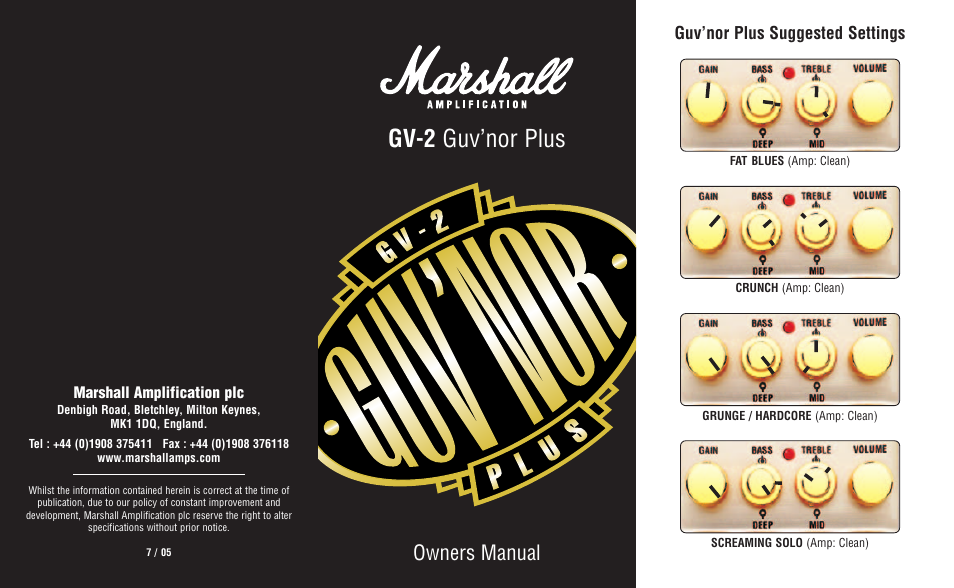 Marshall Amplification Guv'nor Plus GV-2 User Manual | 5 pages