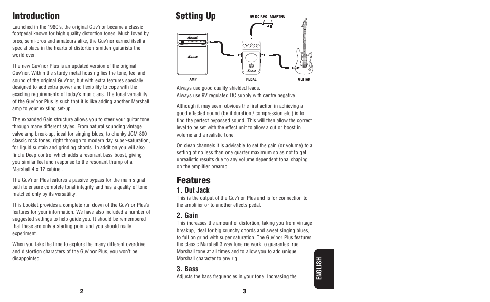 Introduction, Features, Setting up | Marshall Amplification Guv'nor Plus GV-2 User Manual | Page 3 / 5