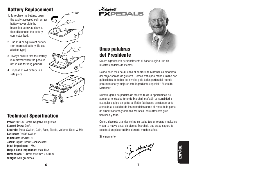 Battery replacement, Technical specification, Unas palabras del presidente | Marshall Amplification Guv'nor Plus GV-2 User Manual | Page 5 / 5