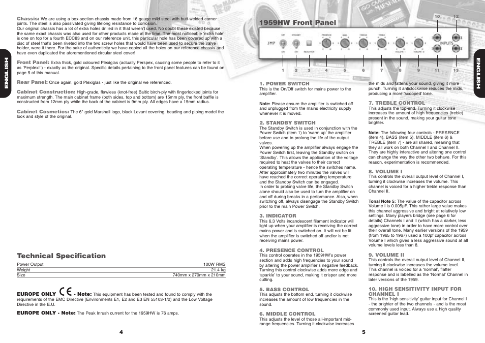 1959hw front panel, Technical specification | Marshall Amplification 1959HW User Manual | Page 4 / 5