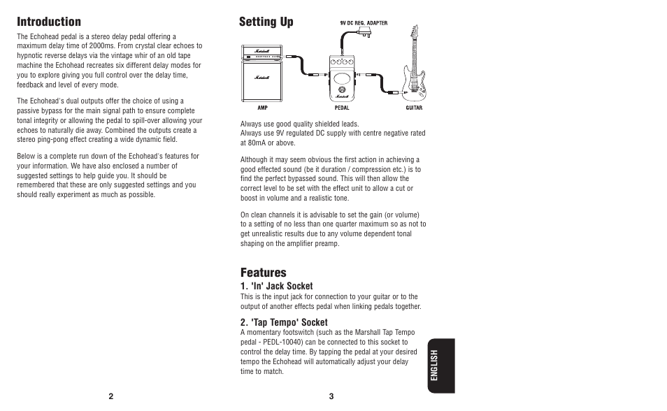 Introduction, Setting up features | Marshall Amplification Echohead User Manual | Page 3 / 5