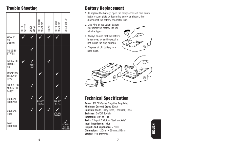 Technical specification, Battery replacement, Trouble shooting | Marshall Amplification Echohead User Manual | Page 5 / 5