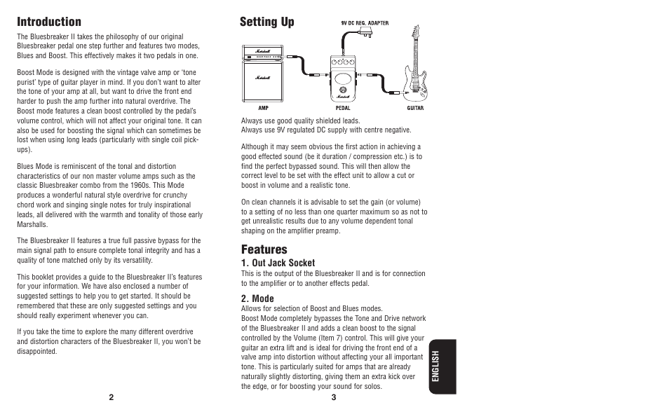 Introduction, Features, Setting up | Marshall Amplification BLUESBREAKER II BB-2 User Manual | Page 3 / 5