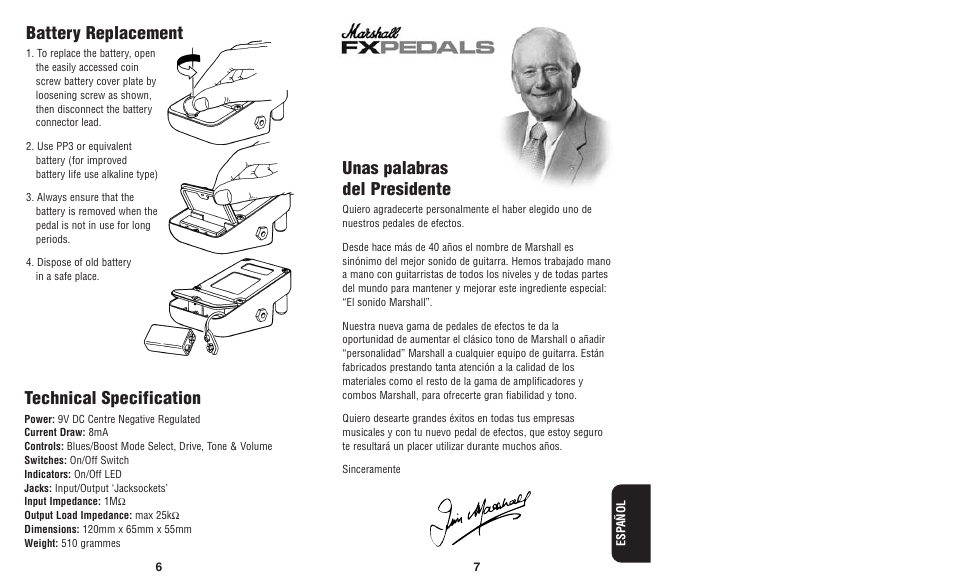 Battery replacement, Technical specification, Unas palabras del presidente | Marshall Amplification BLUESBREAKER II BB-2 User Manual | Page 5 / 5