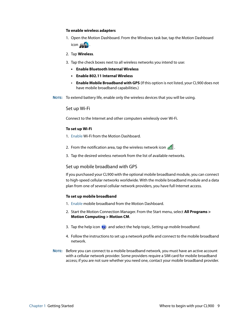 Set up wi-fi, Set up mobile broadband with gps | Motion CL900 FWS-001 User Manual | Page 15 / 81