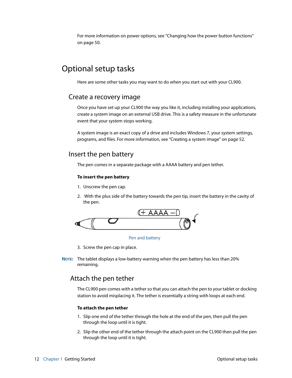 Optional setup tasks, Create a recovery image, Insert the pen battery | Attach the pen tether | Motion CL900 FWS-001 User Manual | Page 18 / 81