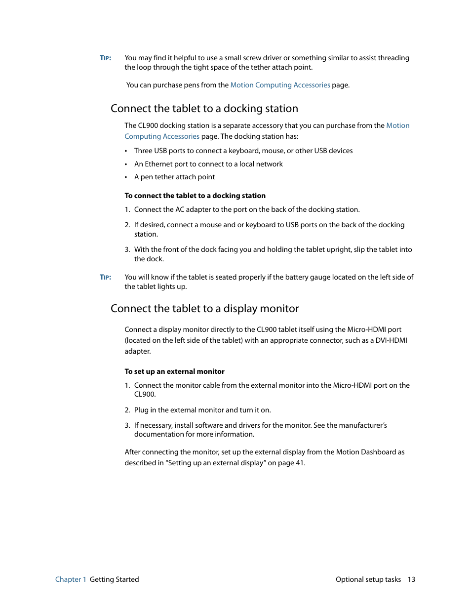 Connect the tablet to a docking station, Connect the tablet to a display monitor | Motion CL900 FWS-001 User Manual | Page 19 / 81