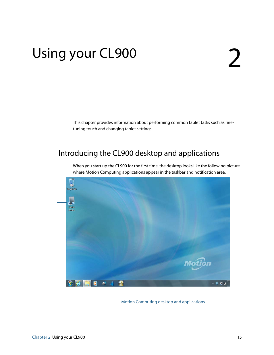 Using your cl900, Introducing the cl900 desktop and applications, Chapter 2 | Motion CL900 FWS-001 User Manual | Page 21 / 81