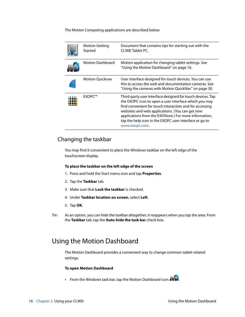 Changing the taskbar, Using the motion dashboard | Motion CL900 FWS-001 User Manual | Page 22 / 81