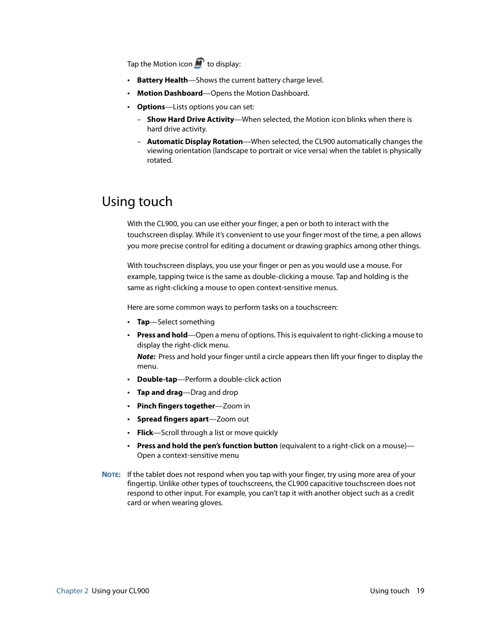 Using touch | Motion CL900 FWS-001 User Manual | Page 25 / 81