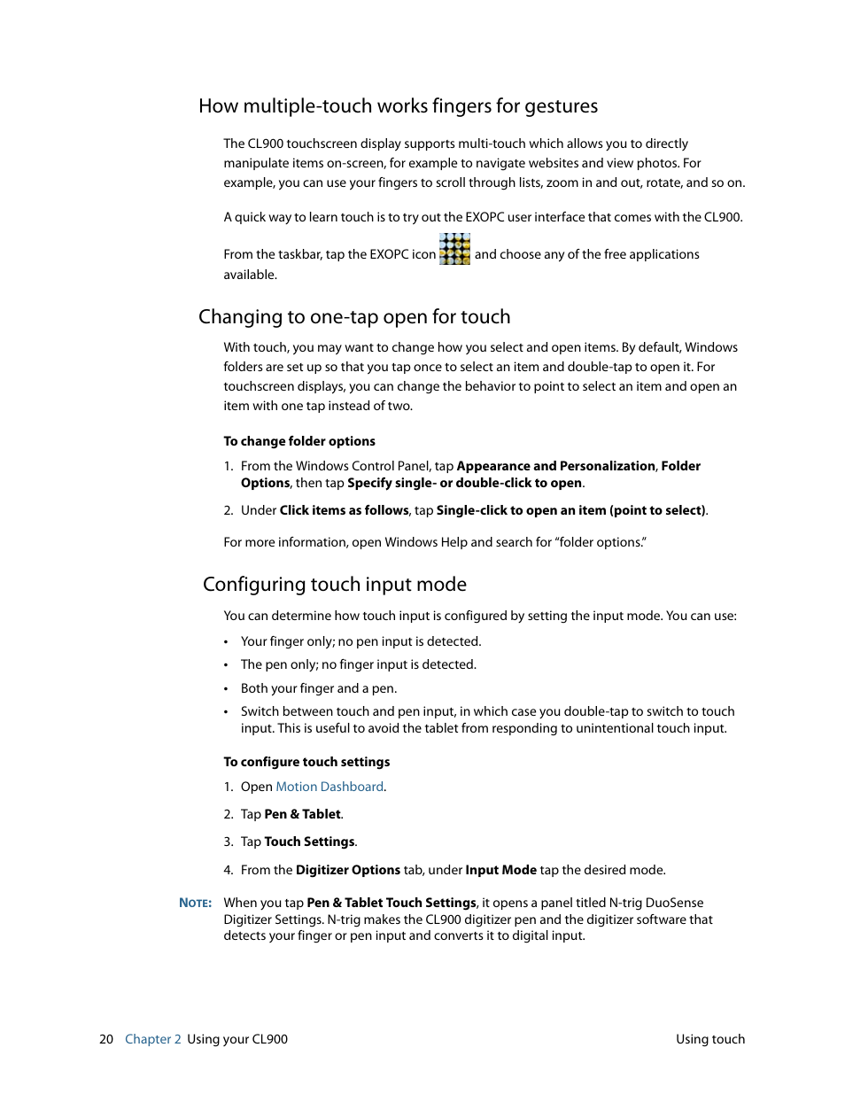 How multiple-touch works fingers for gestures, Changing to one-tap open for touch, Configuring touch input mode | Motion CL900 FWS-001 User Manual | Page 26 / 81