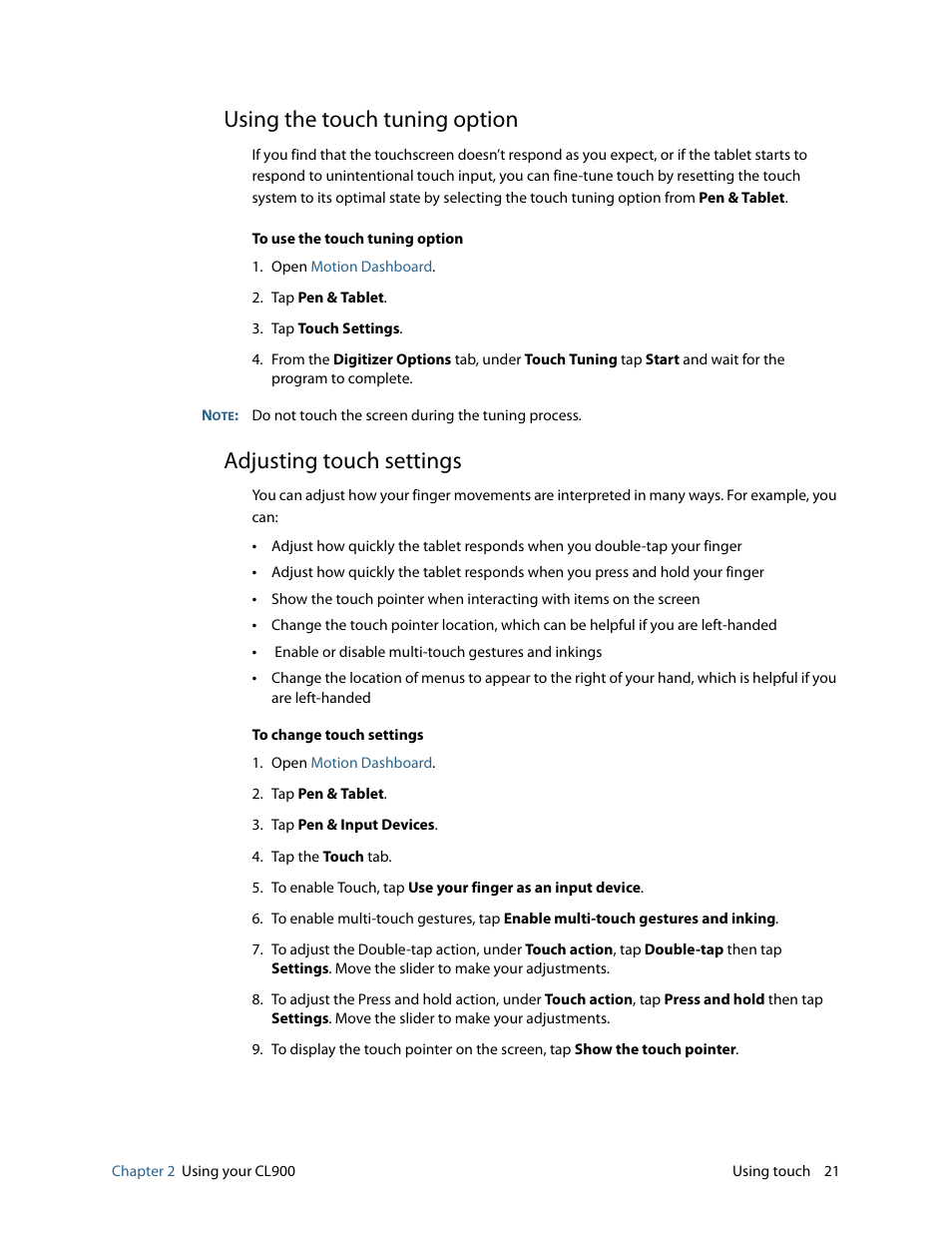 Using the touch tuning option, Adjusting touch settings | Motion CL900 FWS-001 User Manual | Page 27 / 81