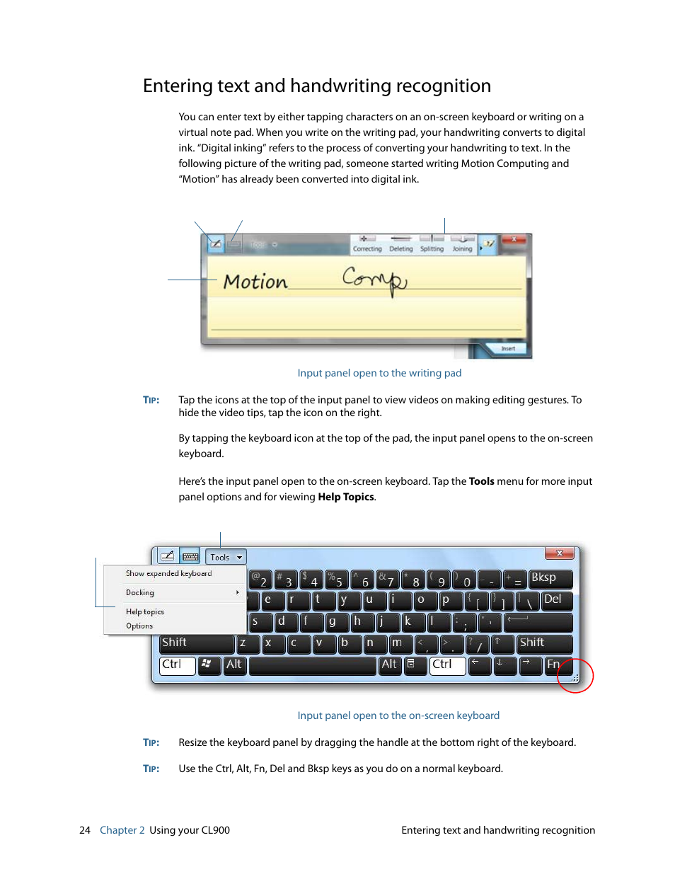 Entering text and handwriting recognition | Motion CL900 FWS-001 User Manual | Page 30 / 81