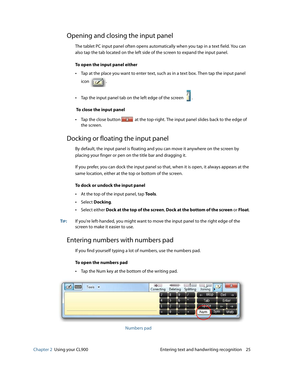 Opening and closing the input panel, Docking or floating the input panel, Entering numbers with numbers pad | Motion CL900 FWS-001 User Manual | Page 31 / 81