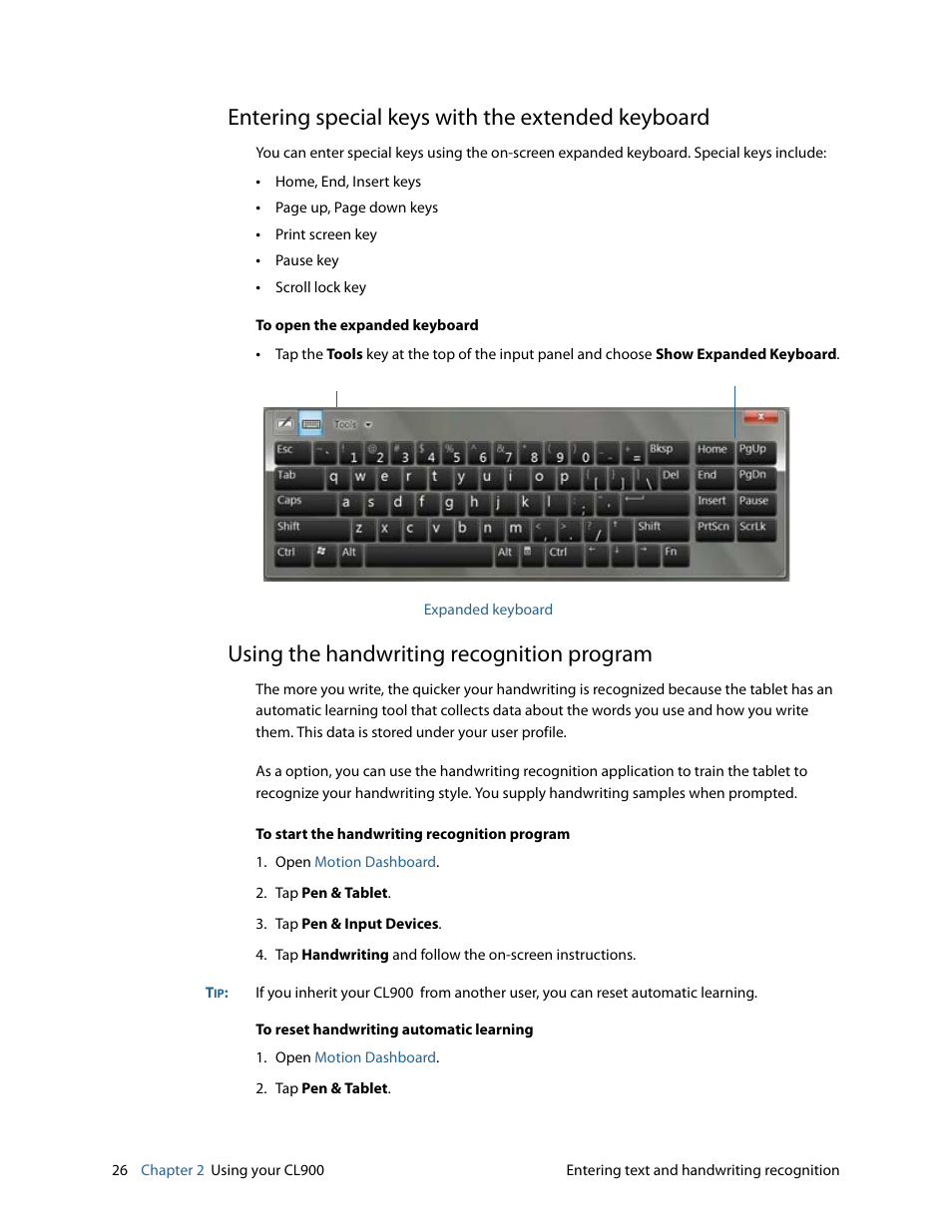 Entering special keys with the extended keyboard, Using the handwriting recognition program | Motion CL900 FWS-001 User Manual | Page 32 / 81