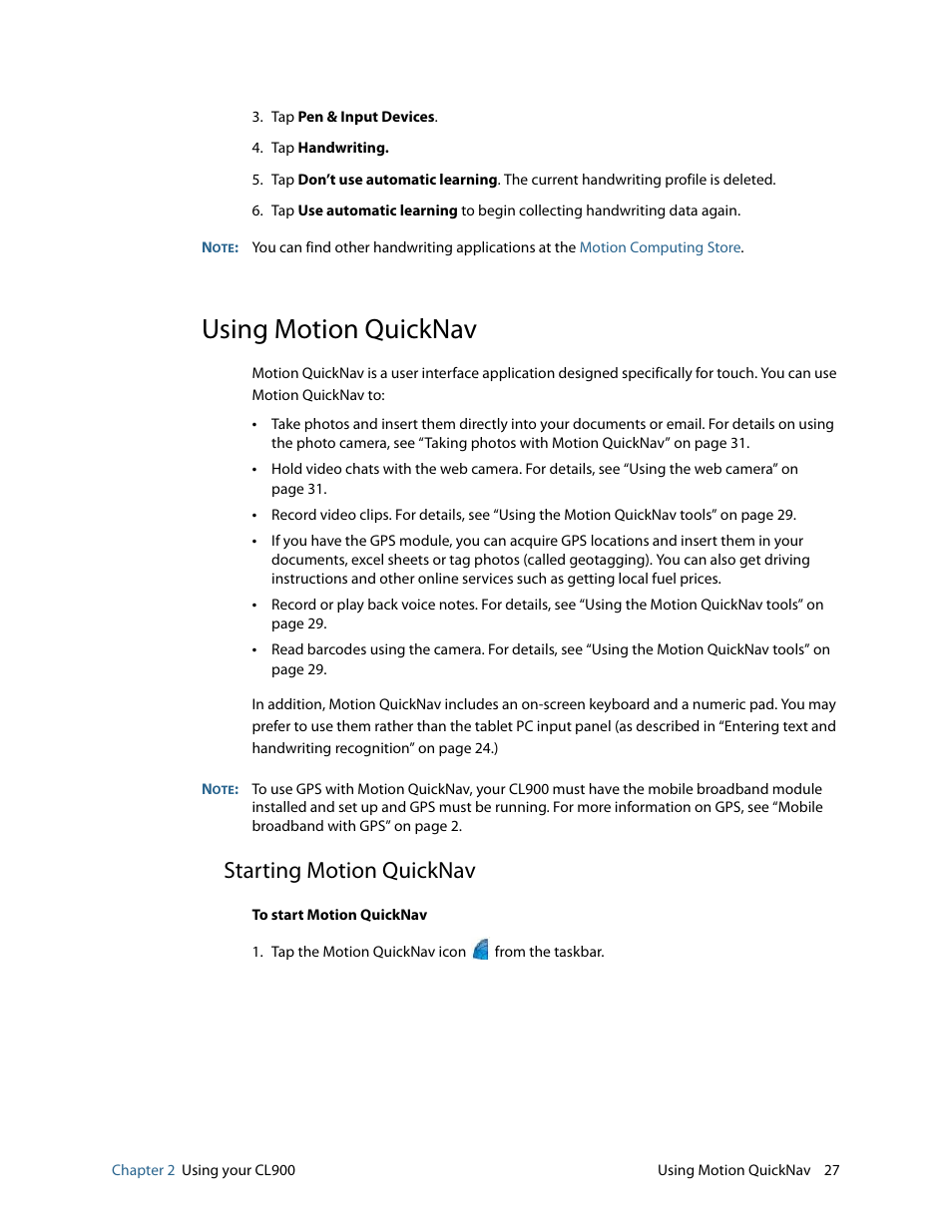 Using motion quicknav, Starting motion quicknav | Motion CL900 FWS-001 User Manual | Page 33 / 81