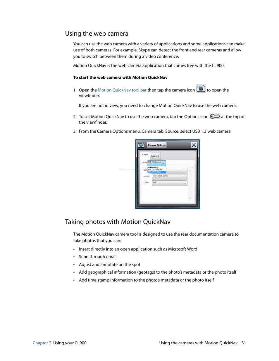 Using the web camera, Taking photos with motion quicknav | Motion CL900 FWS-001 User Manual | Page 37 / 81