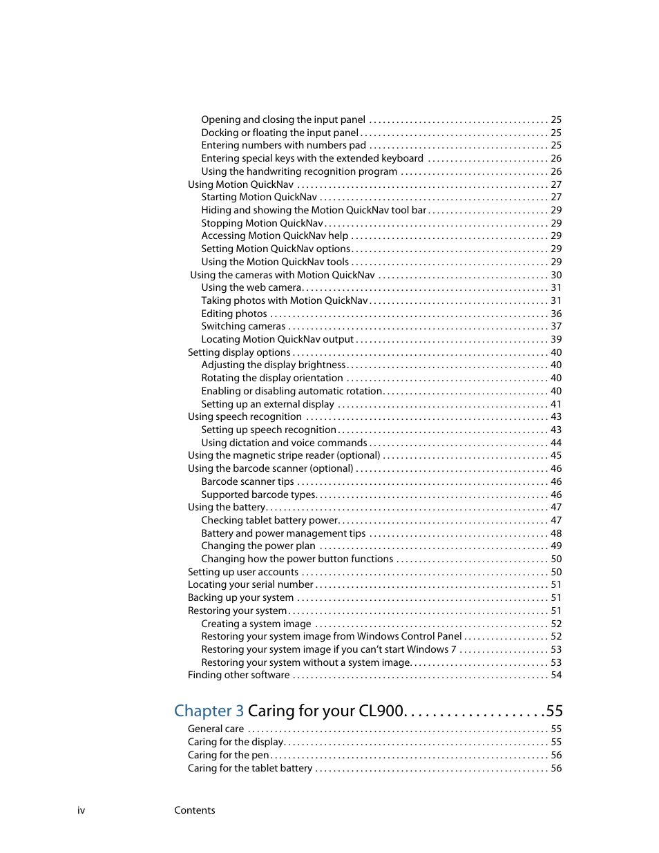 Chapter 3 caring for your cl900 55, Chapter 3 caring for your cl900 | Motion CL900 FWS-001 User Manual | Page 4 / 81