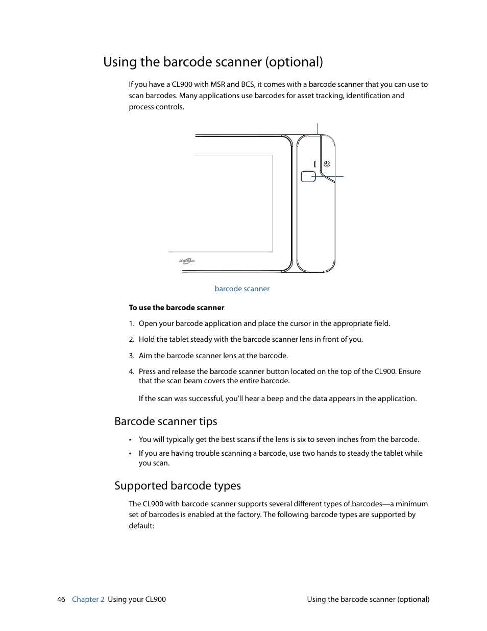 Using the barcode scanner (optional), Barcode scanner tips, Supported barcode types | Barcode scanner tips supported barcode types | Motion CL900 FWS-001 User Manual | Page 52 / 81