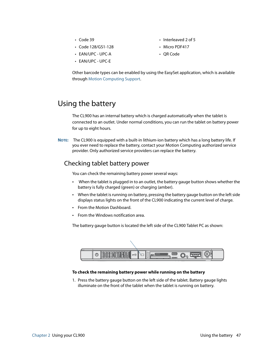 Using the battery, Checking tablet battery power | Motion CL900 FWS-001 User Manual | Page 53 / 81
