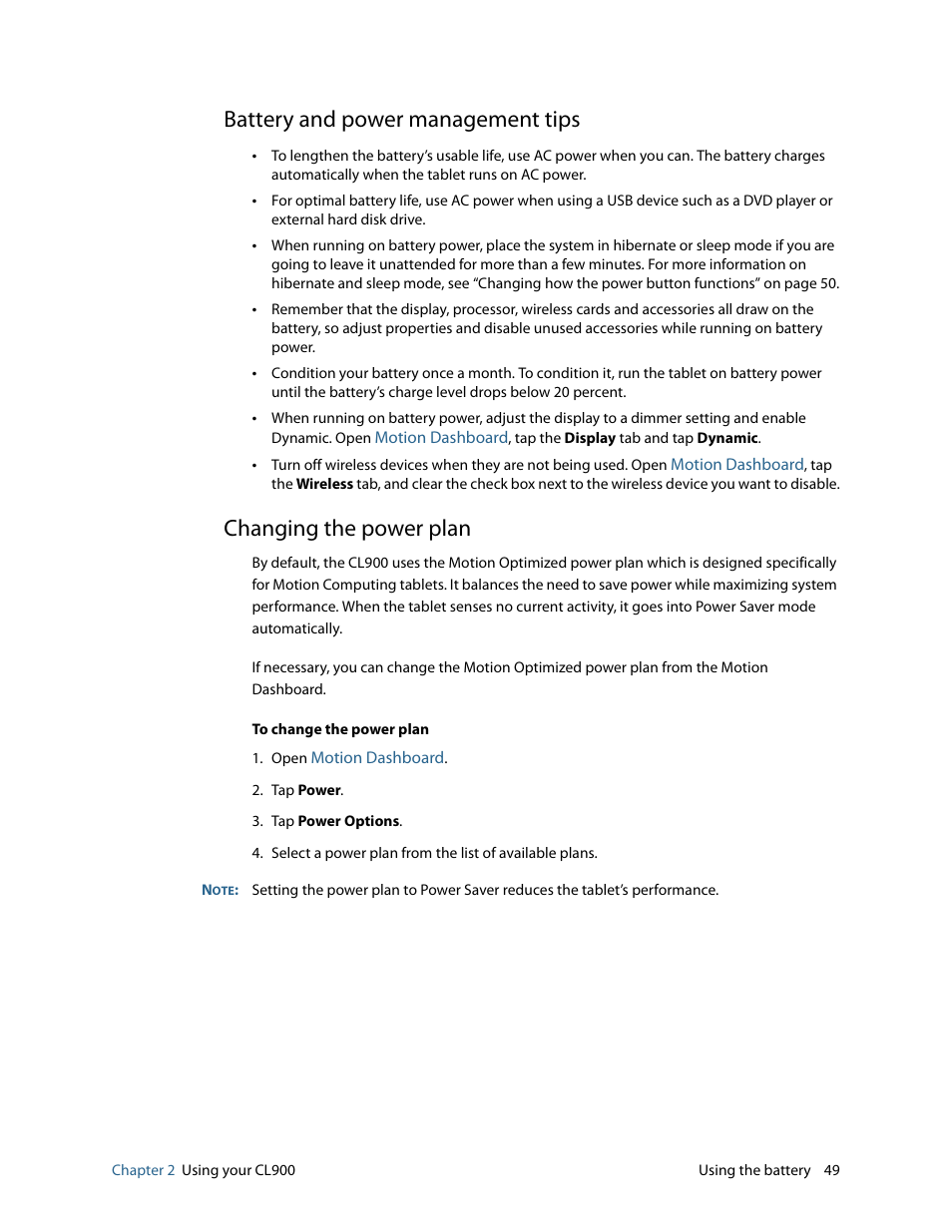 Battery and power management tips, Changing the power plan | Motion CL900 FWS-001 User Manual | Page 55 / 81