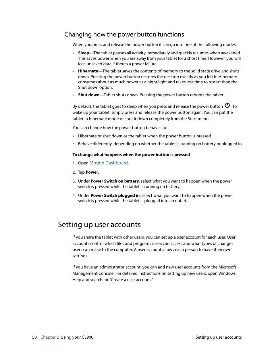 Changing how the power button functions, Setting up user accounts | Motion CL900 FWS-001 User Manual | Page 56 / 81