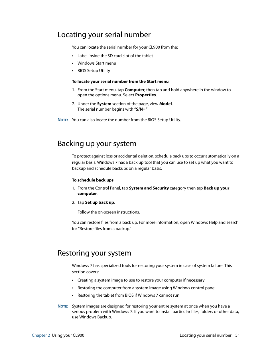 Locating your serial number, Backing up your system, Restoring your system | Motion CL900 FWS-001 User Manual | Page 57 / 81
