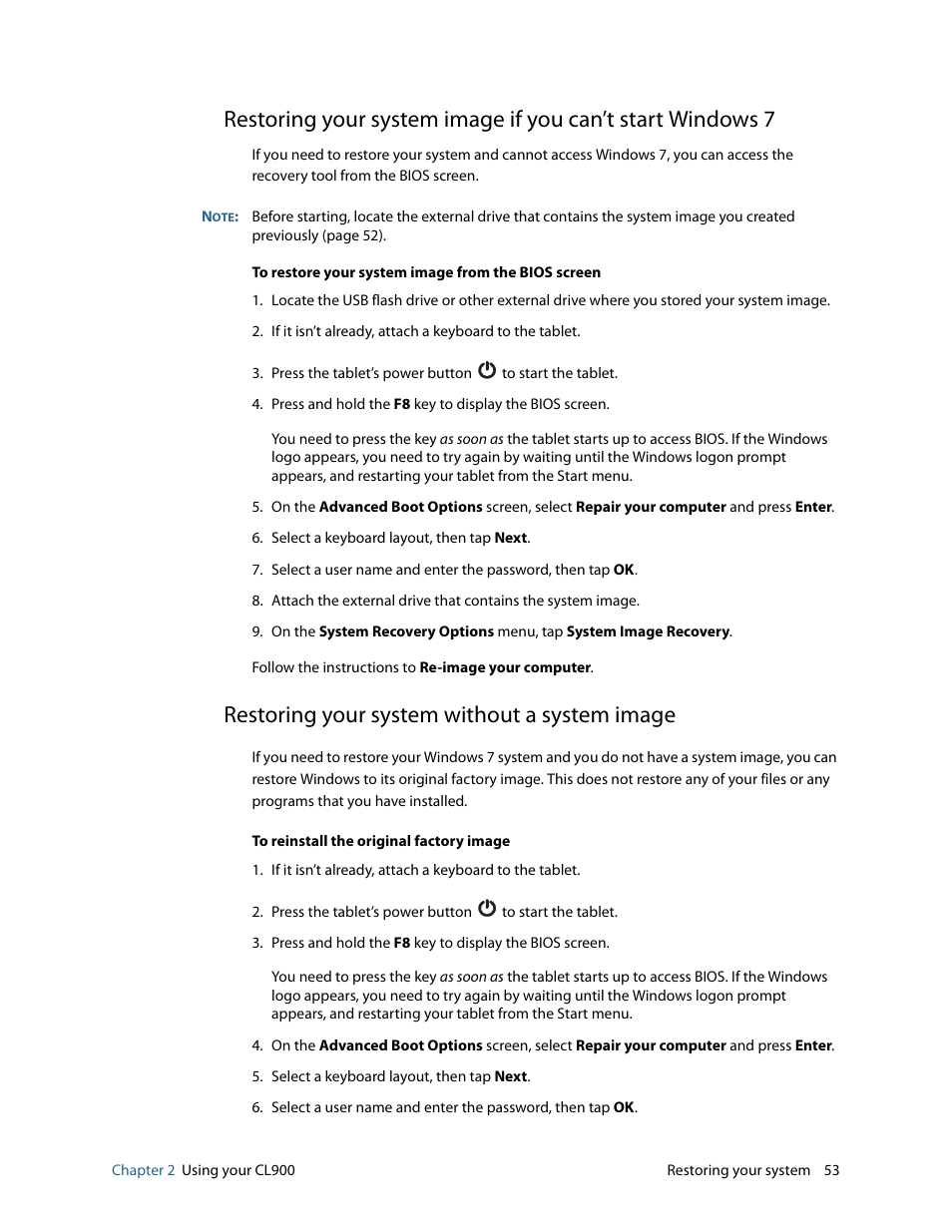 Restoring your system without a system image | Motion CL900 FWS-001 User Manual | Page 59 / 81