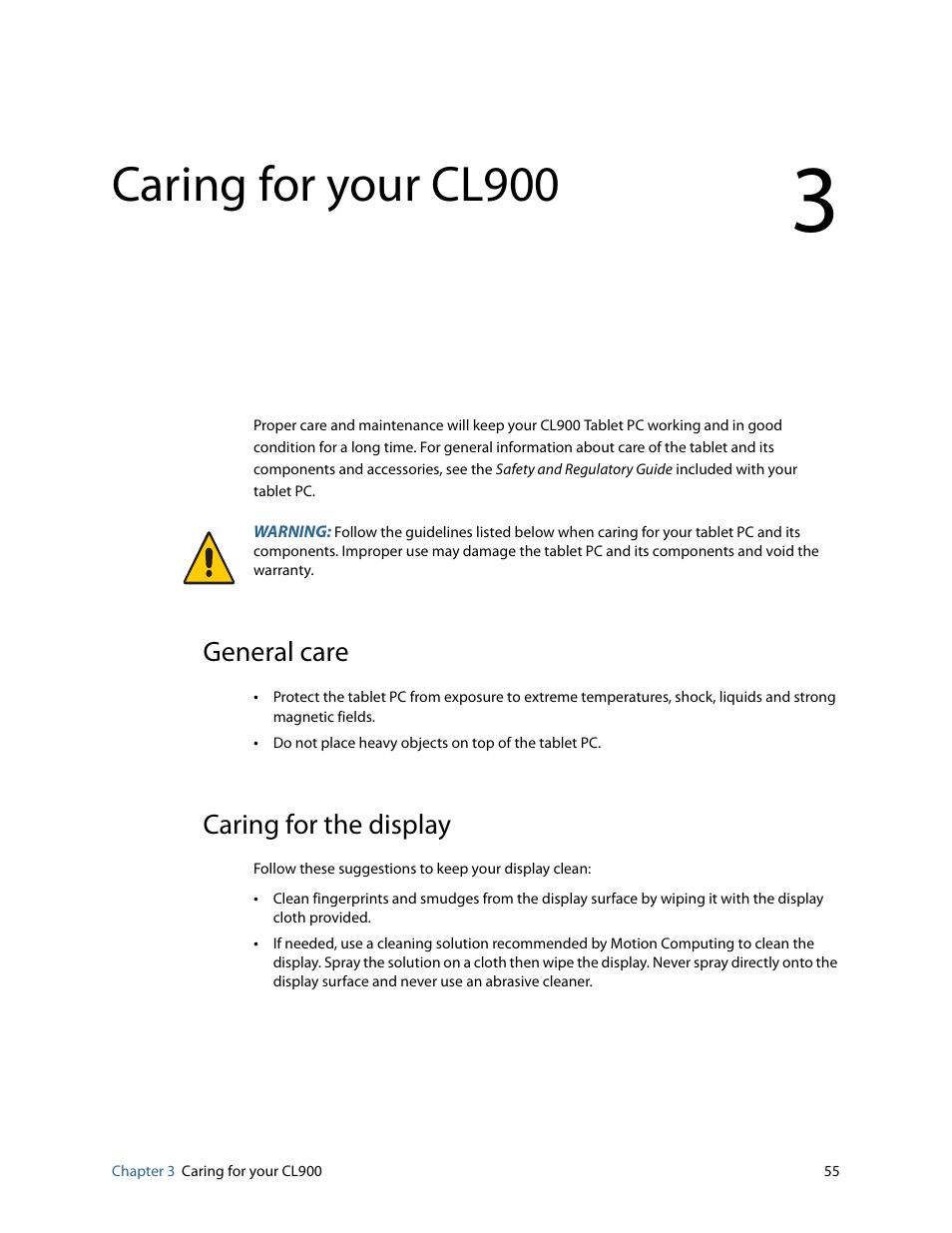Caring for your cl900, General care, Caring for the display | Chapter 3, General care caring for the display | Motion CL900 FWS-001 User Manual | Page 61 / 81