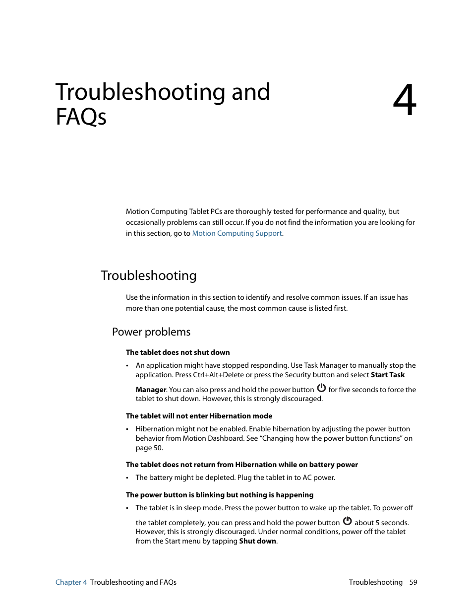 Troubleshooting and faqs, Troubleshooting, Power problems | Chapter 4, Trou | Motion CL900 FWS-001 User Manual | Page 65 / 81