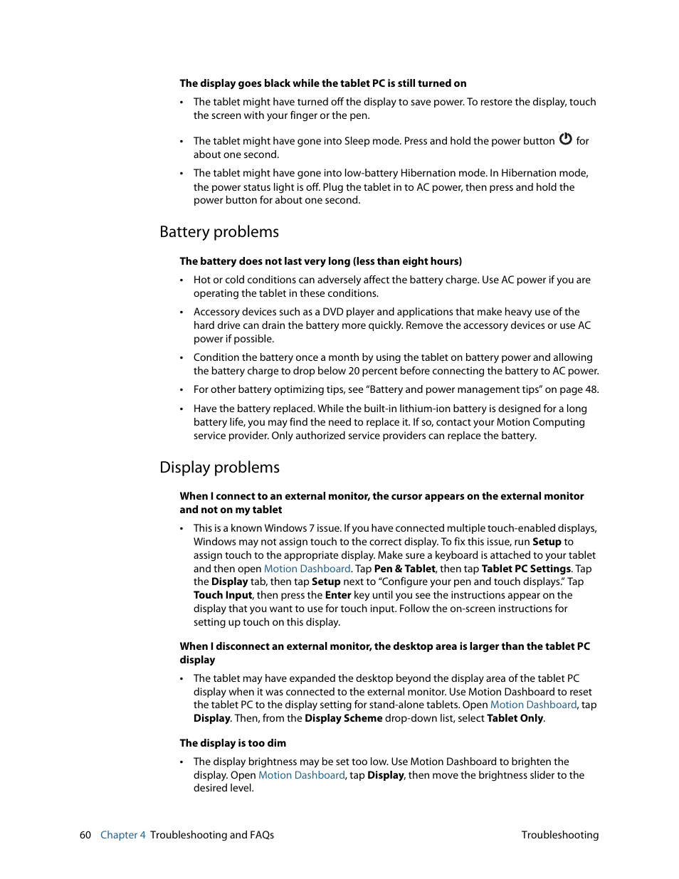 Battery problems, Display problems, Battery problems display problems | Motion CL900 FWS-001 User Manual | Page 66 / 81