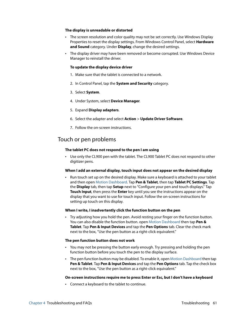 Touch or pen problems | Motion CL900 FWS-001 User Manual | Page 67 / 81