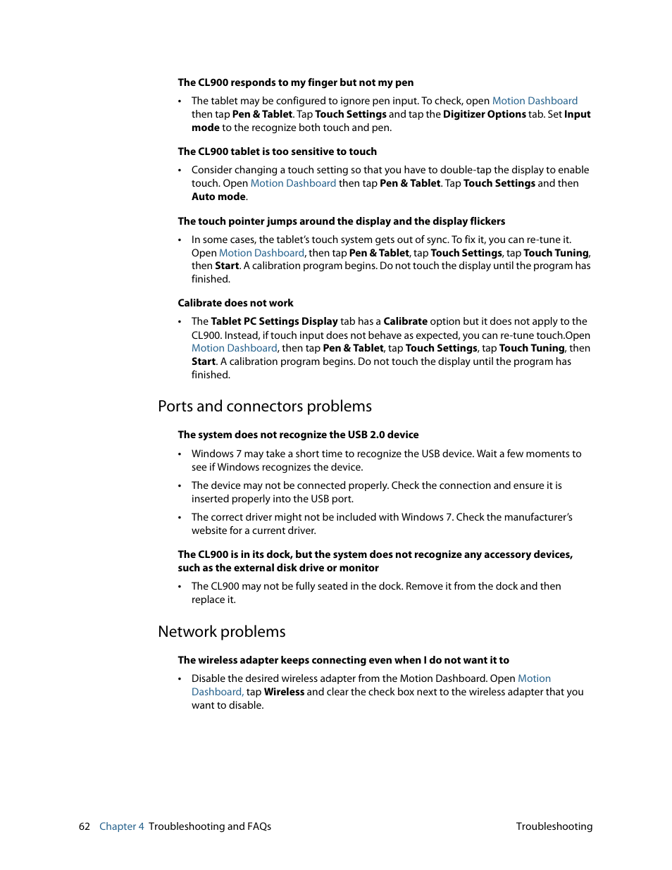 Ports and connectors problems, Network problems, Ports and connectors problems network problems | Motion CL900 FWS-001 User Manual | Page 68 / 81
