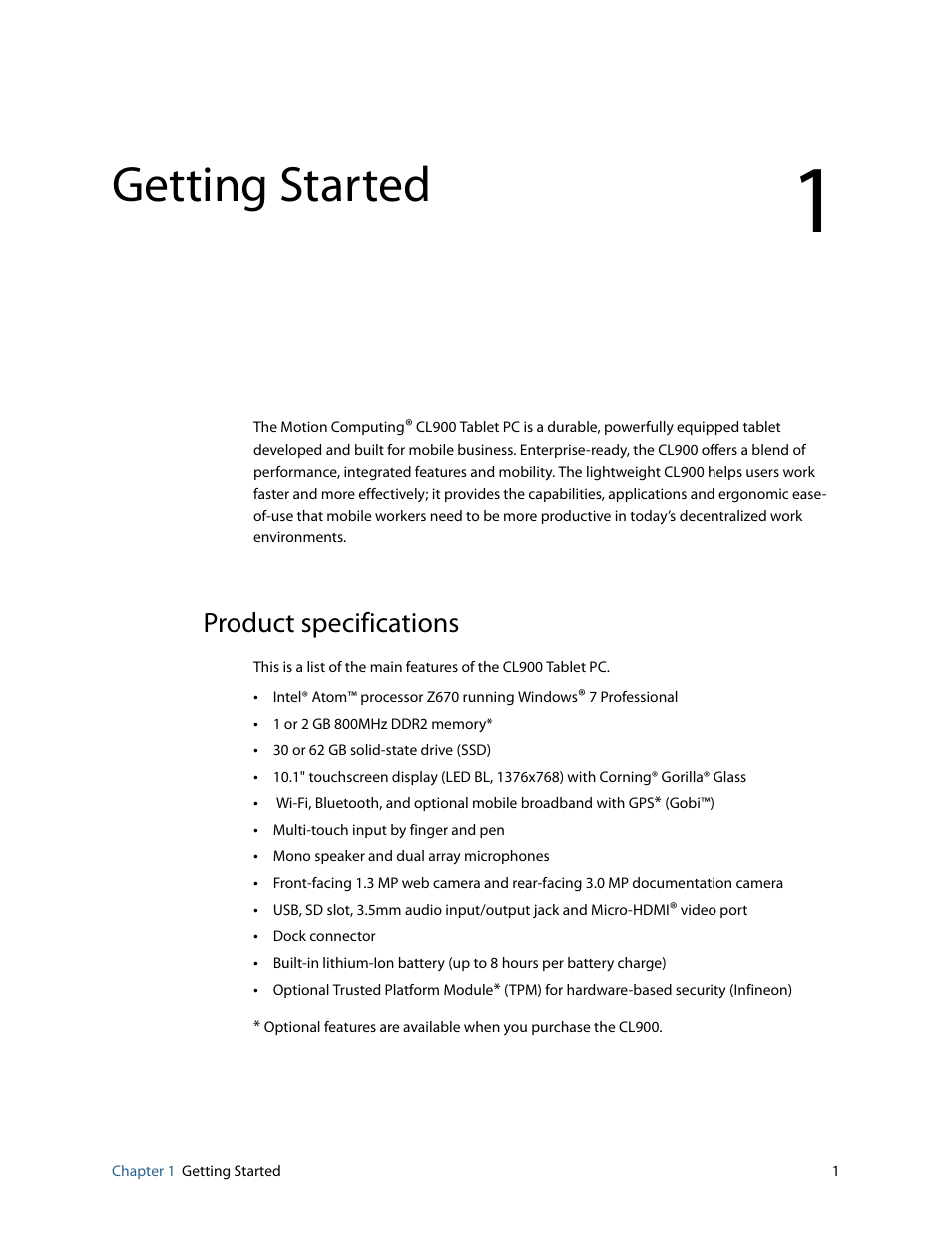 Getting started, Product specifications, Chapter 1 | Motion CL900 FWS-001 User Manual | Page 7 / 81