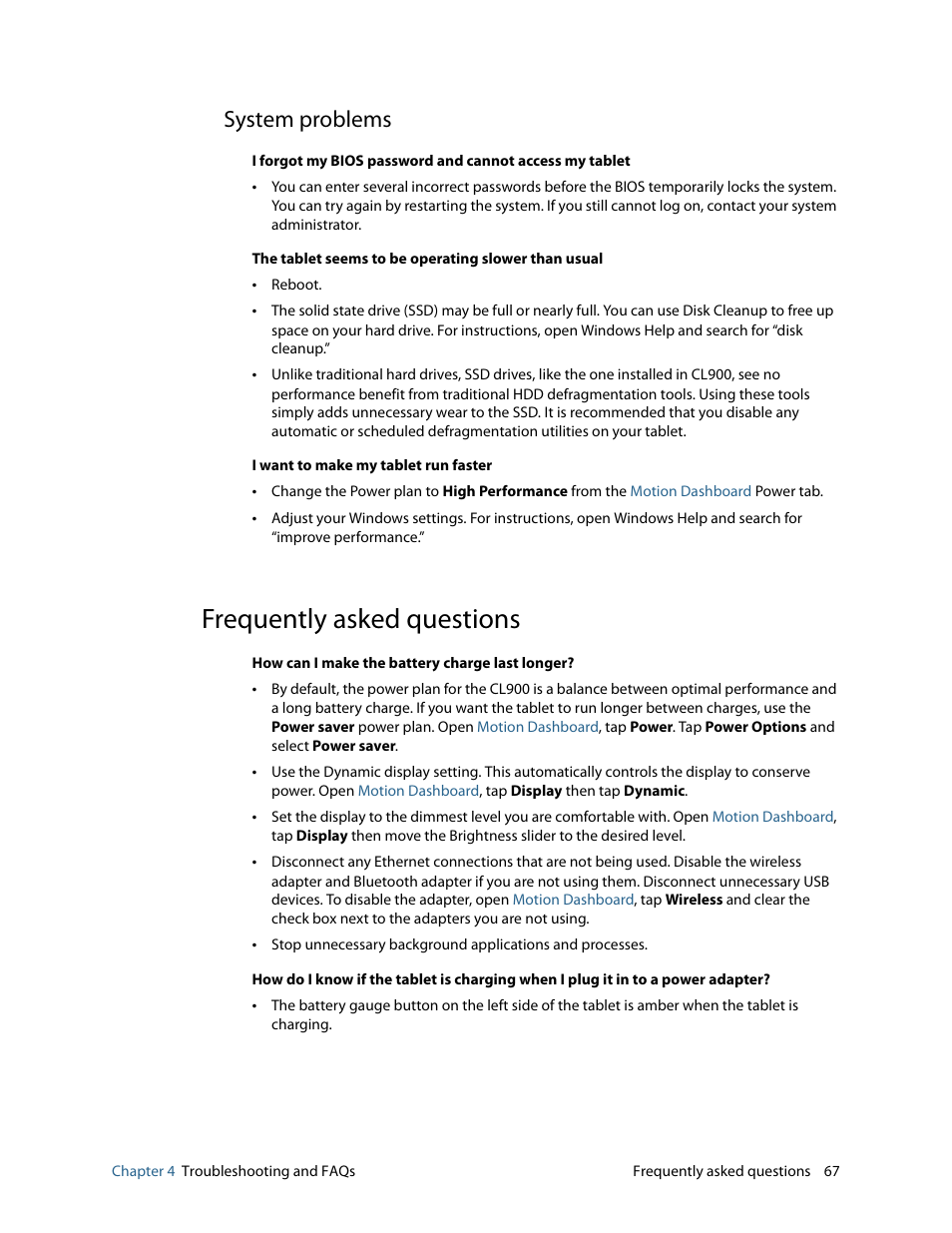 System problems, Frequently asked questions | Motion CL900 FWS-001 User Manual | Page 73 / 81