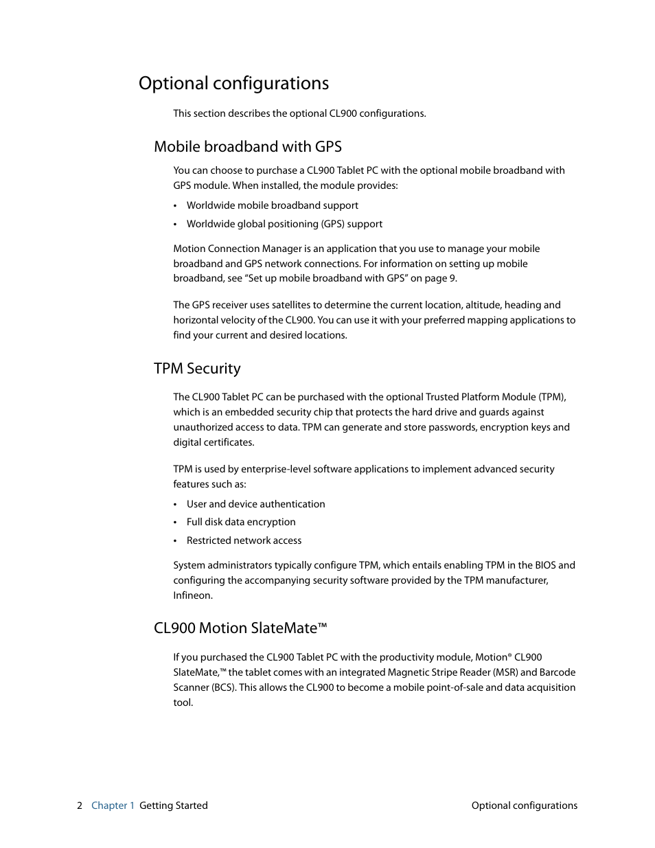 Optional configurations, Mobile broadband with gps, Tpm security | Cl900 motion slatemate | Motion CL900 FWS-001 User Manual | Page 8 / 81